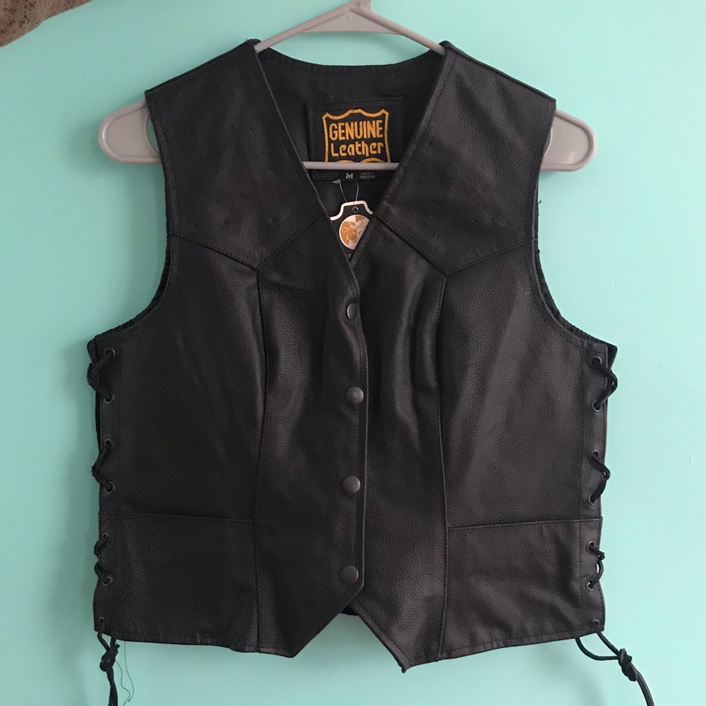 Leather black vest with tags genuine leather